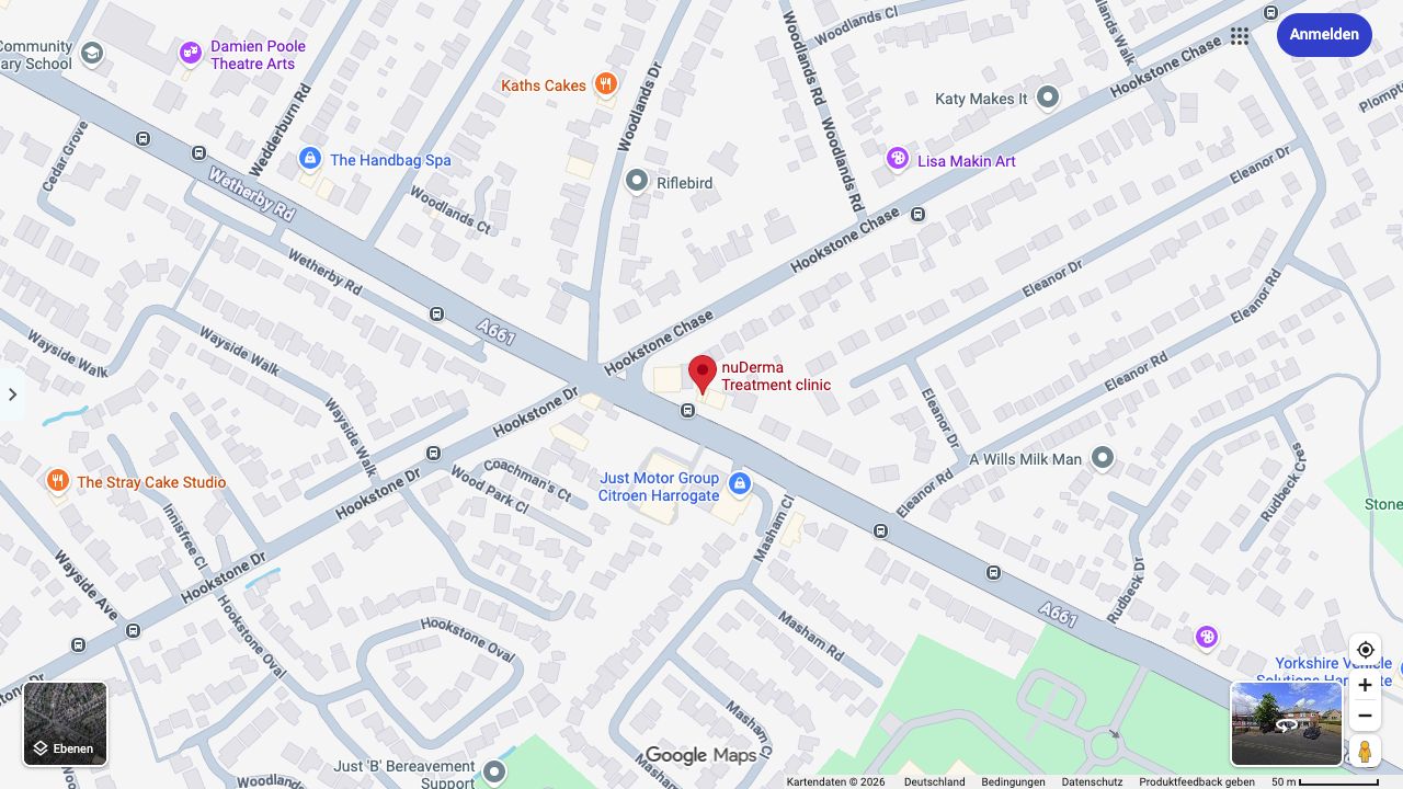 Google Maps view showing NuDerma Clinic on Wetherby Road near Hookstone Drive in Harrogate